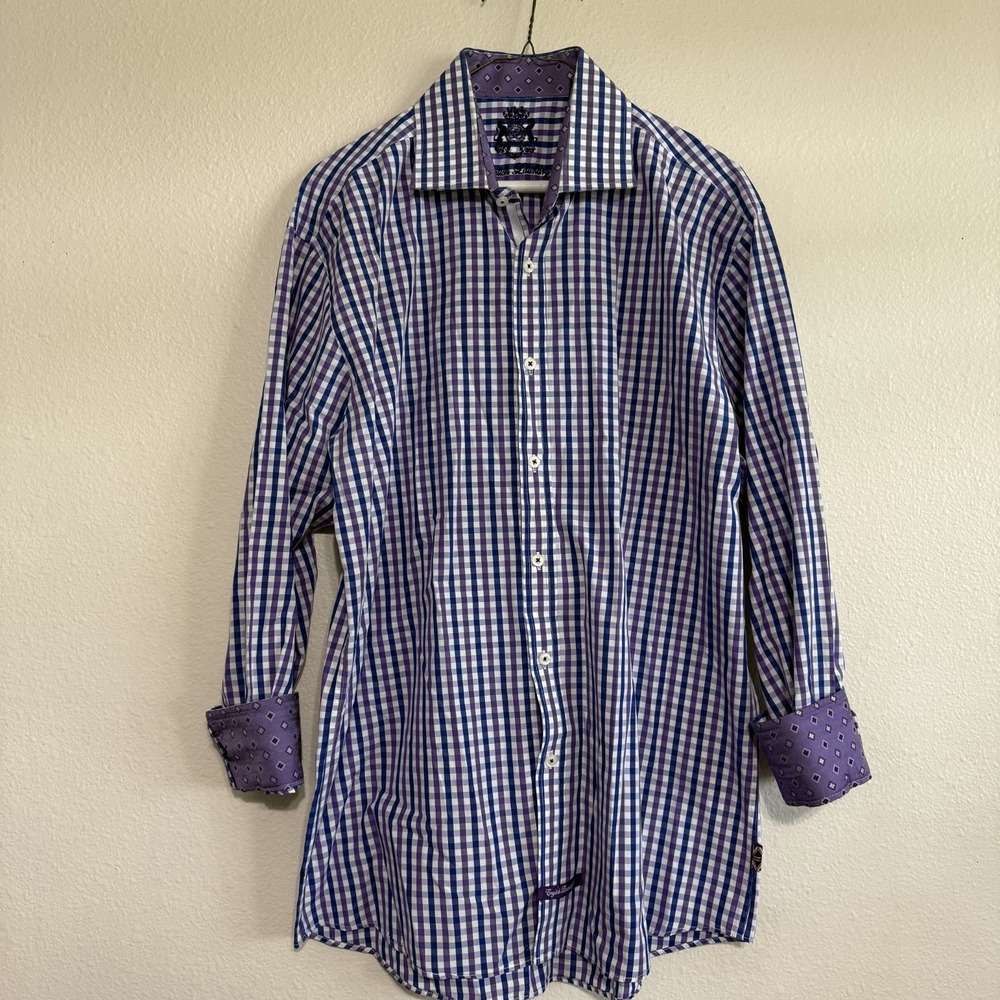 English‎ Laundry Dress Shirt Mens 16.5 34/35 White Purple Checked Classic Oxford